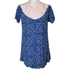 Women Blue Boho Tunic Top Crochet Neck Paisley Bandana Print Peasant Size Lg